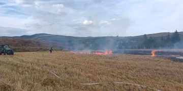 Flăcările au cuprins o balotieră și vegetația uscată, intervin pompierii din Aiud. Aproximativ un hectar de teren, afectat