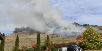 Incendiu de vegetație uscată și pădure în Sâncraiu de Mureș. Pompierii intervin cu autospeciale și UTV